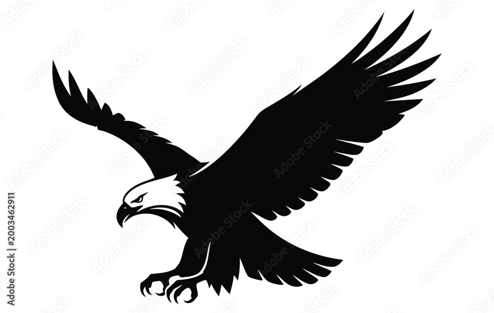 Fototapeta premium Black silhouette of eagle flying. Bird of prey with wings open. Predator landing with claws out. Graphic animal illustration.