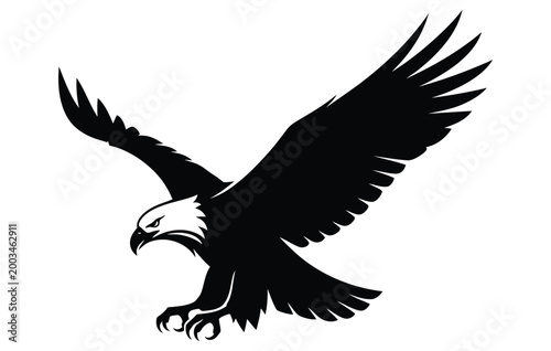Black silhouette of eagle flying. Bird of prey with wings open. Predator landing with claws out. Graphic animal illustration.