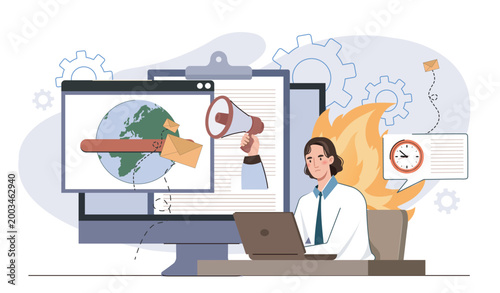 Deadline pressure at work. Woman working near burning clock. Poor time management and inefficient workflow. Lazy or overworked employee in office. Flat vector illustration