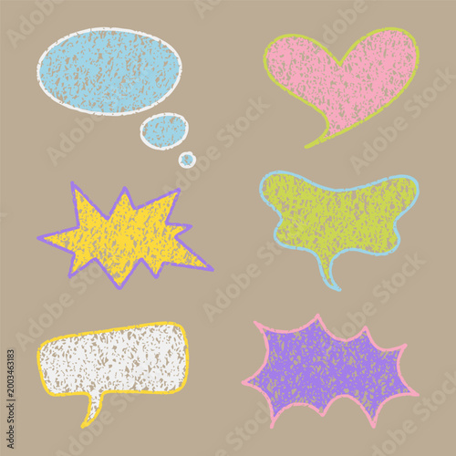 Hand drawn crayon speech bubbles and comic shapes with rough texture.