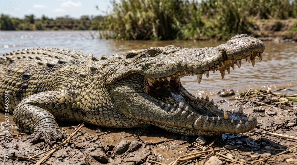 Fototapeta premium Nile Crocodile with Open Mouth on Muddy Bank