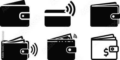 Black wallet icons with and without wireless payment