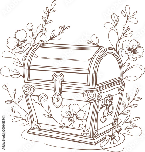 Floral treasure chest line art, thick outline with floral accents, minimal clean vector.eps