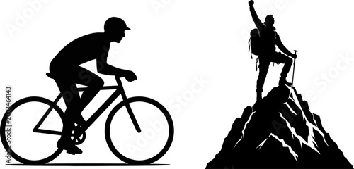 Silhouette of a cyclist and a person celebrating on a mountain peak