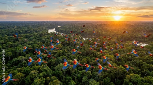 Macaws Flying over Amazon Rainforest at Sunset Time
