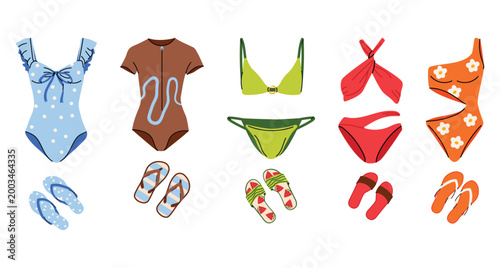 Cute set of summer clothes. with swimsuits and flip flops. Hand drawn beach essentials collection, colorful vacation outfit elements, modern minimal vector illustration