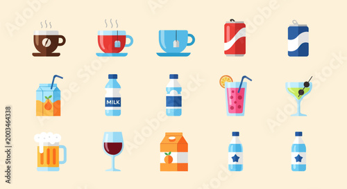 Variety of refreshing drink icons on light background