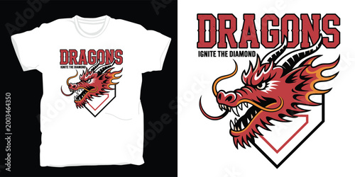 Red dragon head with fire graphic design for t-shirt print with text dragons ignite the diamond sign