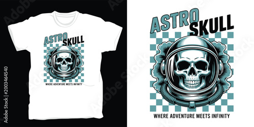 Astro skull graphic design with space helmet and checkered pattern for trendy streetwear t-shirt print
