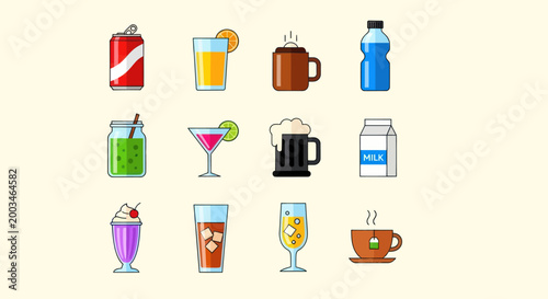 Various beverage icons on beige background