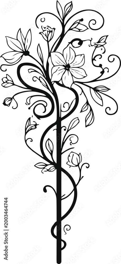 Obraz premium Floral magic wand line art, bold black outline with floral pattern, minimal vector 2.eps