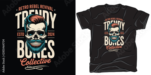 Trendy skull with beard and colorful hair illustration for t-shirt design print on black apparel