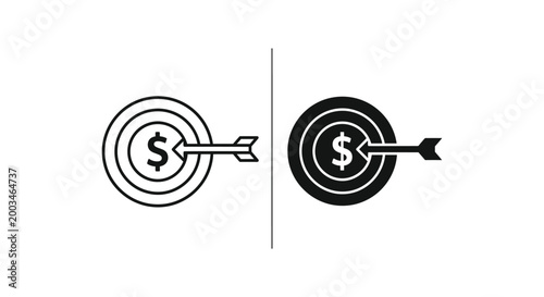 Financial target icon with dollar sign and arrow hitting bullseye symbolizing monetary goals and success