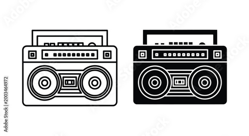 Classic retro boombox music player vector icon with large speakers and cassette deck representing vintage audio entertainment