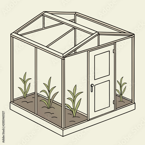 Empty greenhouse with plants and a door garden educational
