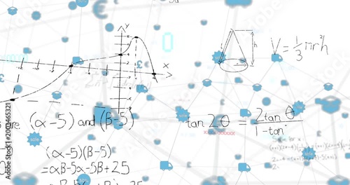 Camera refocusing initiating pan blue nodes drifting graph drawing math appearing for data visuals