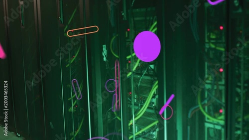 Animated circles rings bars entering left over rack stacking then drifting visualizing network