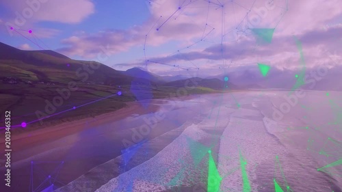 Aerial camera gliding forward, nudging purple nodes and polygons revealing surf for tech