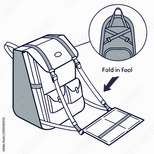 Konstfotografi Backpack with foldable table attached and inset view of folded backpack attached