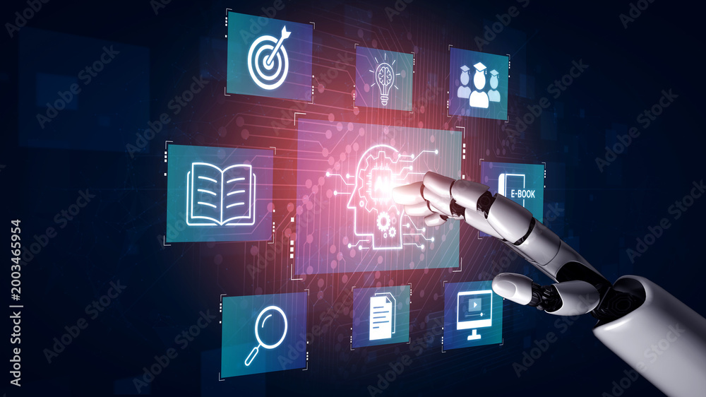 Fototapeta premium Artificial intelligence AI platform connecting training resources, AI search, dashboards and team and AI collaboration for smarter decisions supported by AI. Corpus