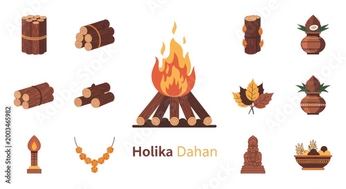 Foto Holika Dahan Icon Set: Fire, Wood, Kalash, Garland, Effigy, Leaves