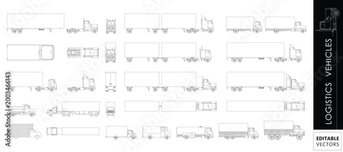 Fotografie Logistics Vehicle Line Icons Set – Architectural Drawing Style Transport & Deliv