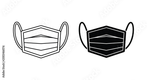 Protective medical face mask icon set featuring line art and solid black silhouette styles for health and safety concepts isolated on white background