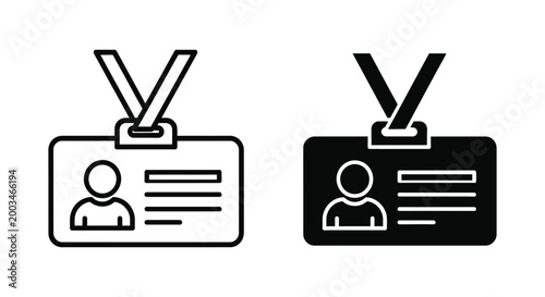 Professional identity badge icon set featuring line art and solid black silhouette styles for corporate security and event identification concepts isolated on white background