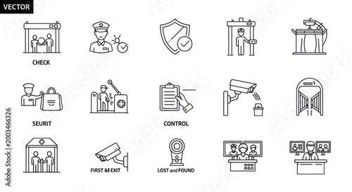 Airport Security and Control Line Art Icons: Checkpoint, Surveillance, Baggage Screening
