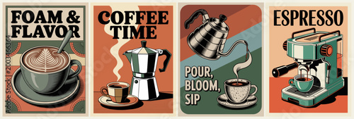 Coffee culture celebrates timeless moments. Cups, pots, and machines form a warm, inviting scene. Each panel captures a distinct brewing experience. Steam rises, hinting at rich, aromatic delight