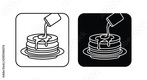 Stack of pancakes being drizzled with syrup icon in outline and solid vector styles within a rounded square for breakfast and cafe menus