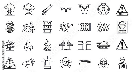 Warfare and Danger Icons: Nuclear Bomb, Drone, Tank, Military, Hazard Symbols