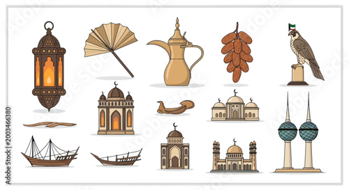 Middle Eastern Symbols: Falcon, Dhow, Dates, Lantern, Dallah, Mosque, Fan, Kuwait Towers