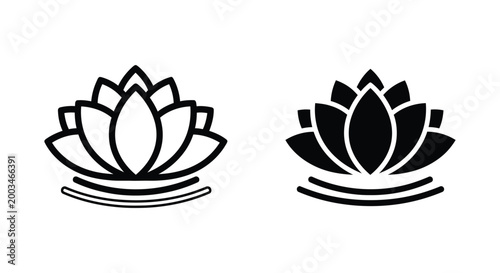 Lotus flower icon representing yoga and meditation in outline and solid vector design styles for wellness and spiritual branding projects