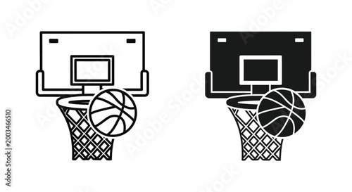 Basketball hoop and backboard icon set with ball in outline and solid black vector style for sports marketing and athletic activity concepts