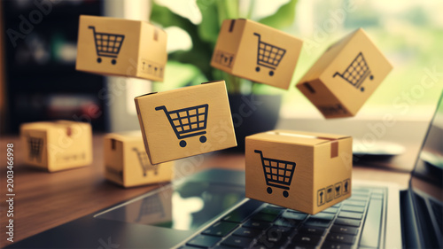 E-commerce Online Shopping and Logistics Delivery Concept with Floating Cardboard Parcel Boxes