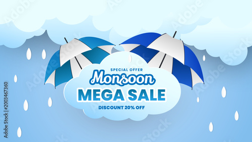 Monsoon mega sale special offer with 20% discount: advertisement umbrellas, raindrops, and clouds. Discount promotion advertising shopping percentage marketing seasonal.