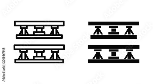Industrial shelving unit icon set for warehouse storage and retail display concepts in outline and solid vector design styles