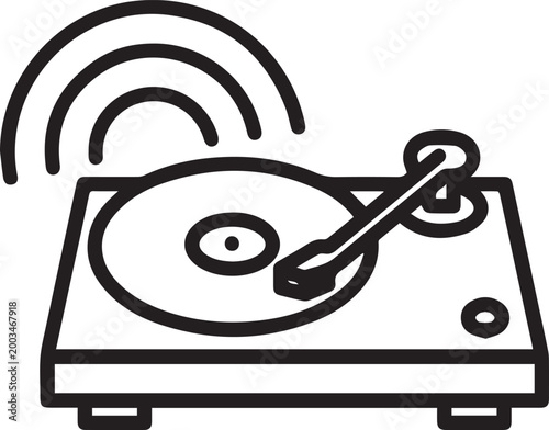 Premium Minimalist Black & White Vector Icon Showcasing a Retro Vinyl Record Player with Dynamic Spinning Sound Wave Lines Perfect for Music Streaming Apps, Audio Branding, Vinyl Revival