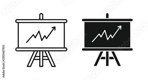 Business growth chart on presentation board icon set in outline and solid vector styles for financial reporting and marketing success concepts