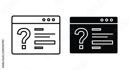 Browser window with question mark icon set in black and white styles representing website help support and technical troubleshooting for online interfaces
