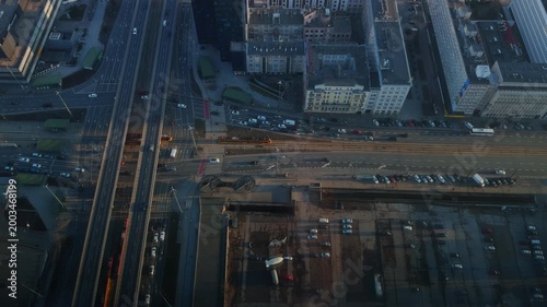 High angle view of urban traffic and city infrastructure in downtown area