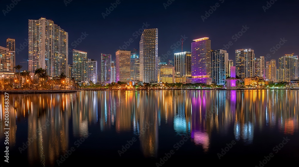 Fototapeta premium Vibrant night city skyline with colorful light reflections on water and modern buildings