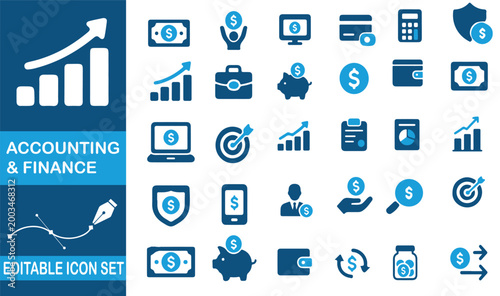 Accounting and finance editable icon set with various money symbols