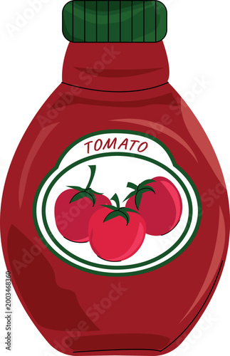 Tomato Ketchup Bottle Vector Illustration – Classic Red Sauce Packaging with Tomato Label, Food Condiment for Kitchen, Fast Food and Grocery Design, Isolated on Transparent Background.