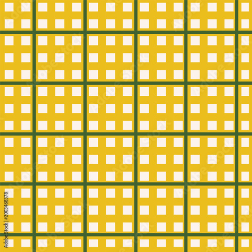 A seamless geometric pattern with repeating squares, in yellow and green checkered patterns and light shades.