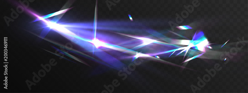 Abstract prism light refraction with glowing lens flare streaks holographic spectrum effect isolated on dark background
