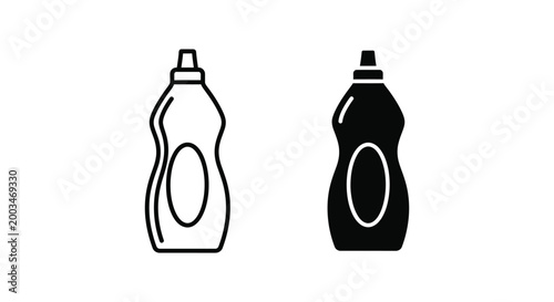 Set of dish soap bottle vector icon in outline and solid style representing liquid detergent cleaning supply