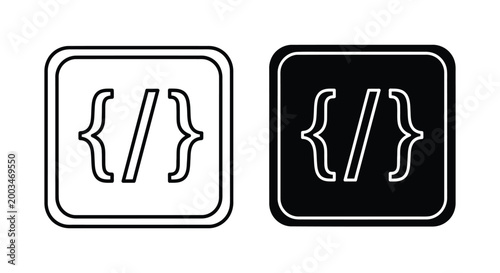 Coding symbols curly braces and forward slash in outline and filled square icons for programming and development concepts