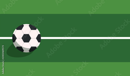 Football lying on a green field top view flat style